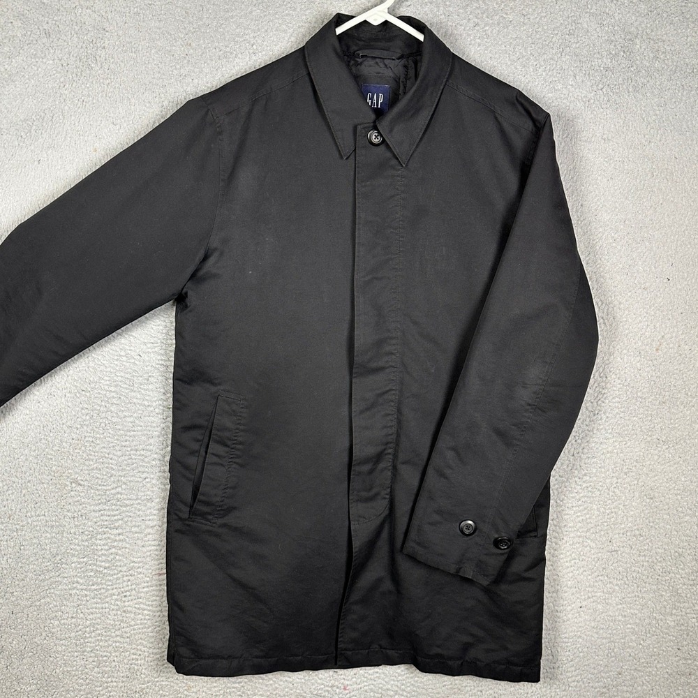 Gap Mac Coat Mens Medium Overcoat Black Hidden Button Car Jacket EUC